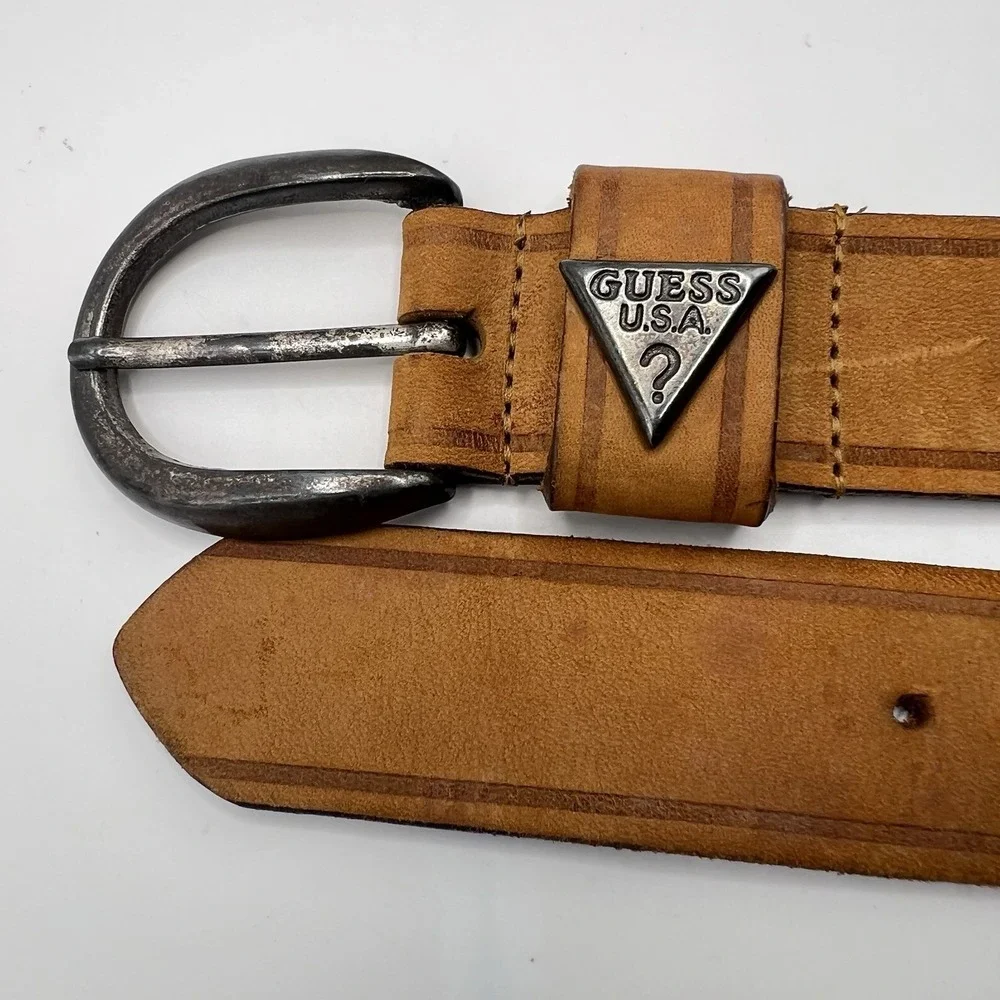 VTG USA Made Guess Distressed Leather Belt Triangle Metal Logo Small Tan/Brown